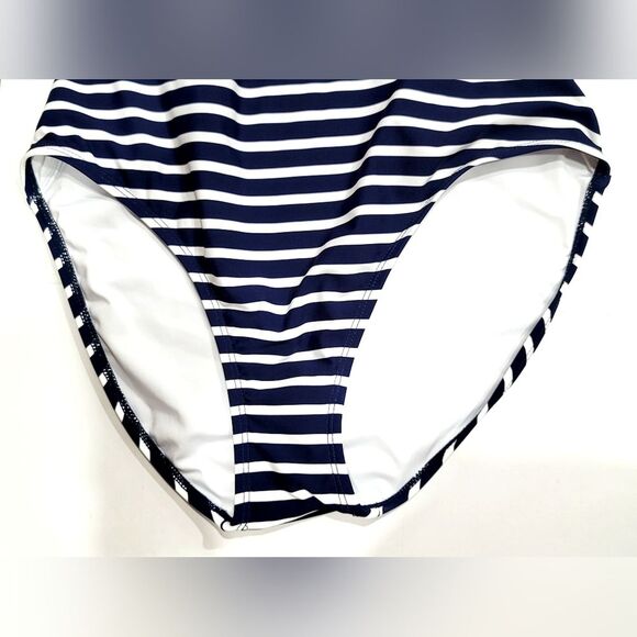 Lands' End Navy Stripe High Neck UPF 50 Open Back 1pc Swimsuit Fully Lined, S - Picture 7 of 10